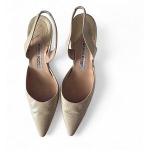 Manolo Blahnik Carolyne Serpent 256 Slingback Heels 40 Cream Snake Glitter RARE